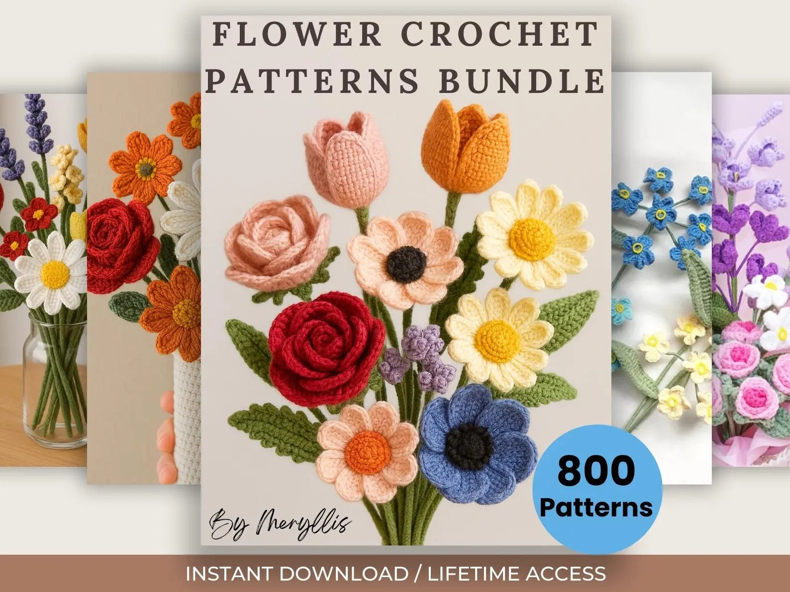 800 Flower Crochet Pattern Bundle – Roses, Tulips, Daisies, Sunflowers, Digital Patterns for Weddings, Mother’s Day, Home Décor,Graduation