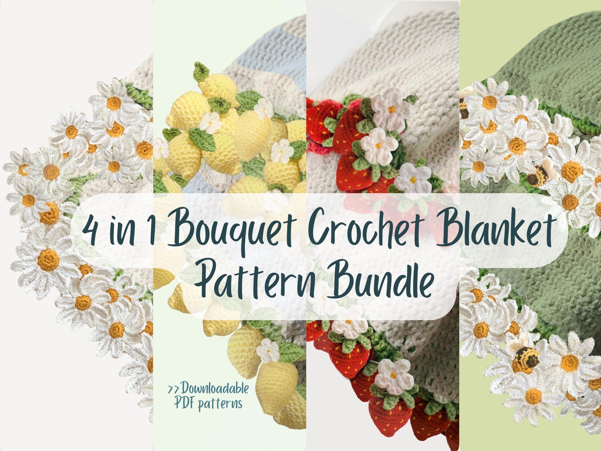 4 in 1 Bouquet Blanket Pattern Bundle Flower Bouquet Blanket Crochet Patterns Daisy Crochet Blanket Beginner Friendly Cute PDF Pattern Gift