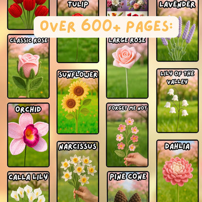 600+ Flower Bouquet Crochet PATTERN Bundle Digital Mother Day Floral Stem Amigurumi Pot Plant Spring Sun Wedding Rose Tulip Daisy Graduation