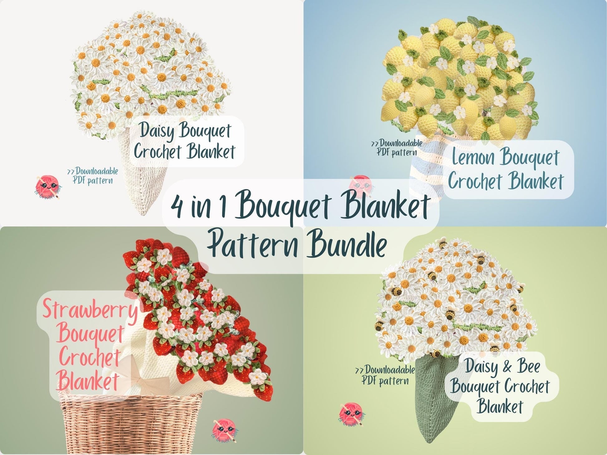 4 in 1 Bouquet Blanket Pattern Bundle Flower Bouquet Blanket Crochet Patterns Daisy Crochet Blanket Beginner Friendly Cute PDF Pattern Gift